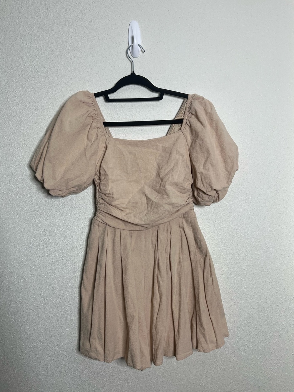 Beige Puff Sleeve Square Neck Romper Mini Dress